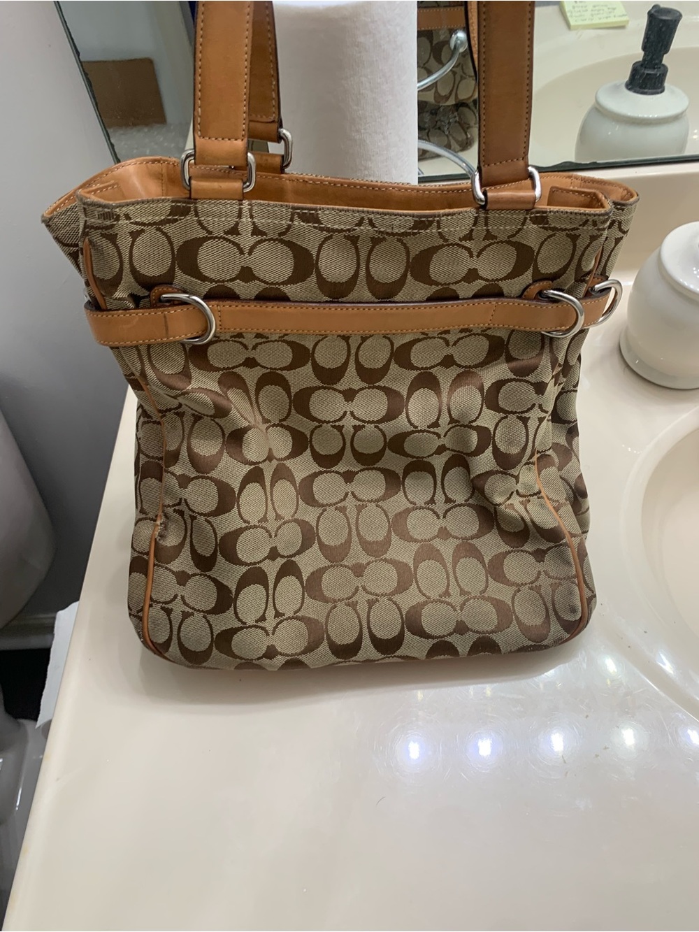Coach Tan and Brown Signature Canvas Shoulder Bag